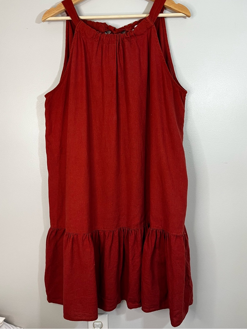 Single Thread Terracotta Linen Sleeveless Halter Ruffle Summer Dress Women’s XL